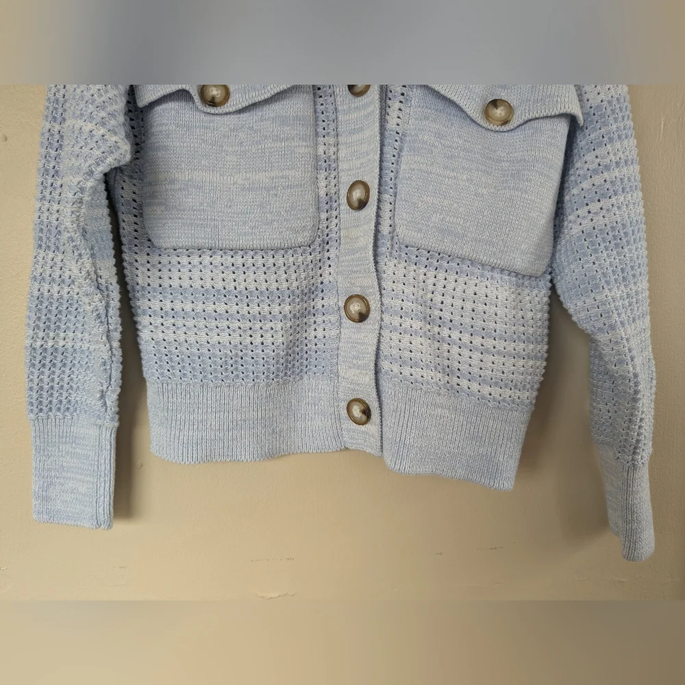 Design 365 Crocheted Knit Two Pocket Sweater Cardigan Coat Jacket, Blue (XS) - Picture 3 of 15